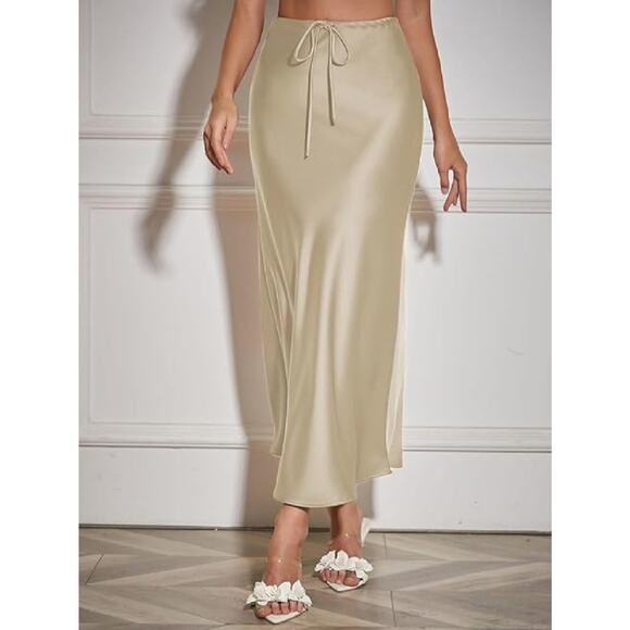 Women's Maxi Skirts Satin Drawstring High Waisted Silk Elegant Flowy Casual - Picture 1 of 4
